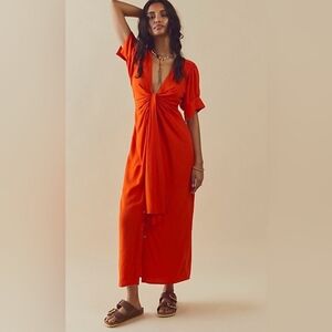 Free People Red Plunge Neck Wrap Maxi Dress